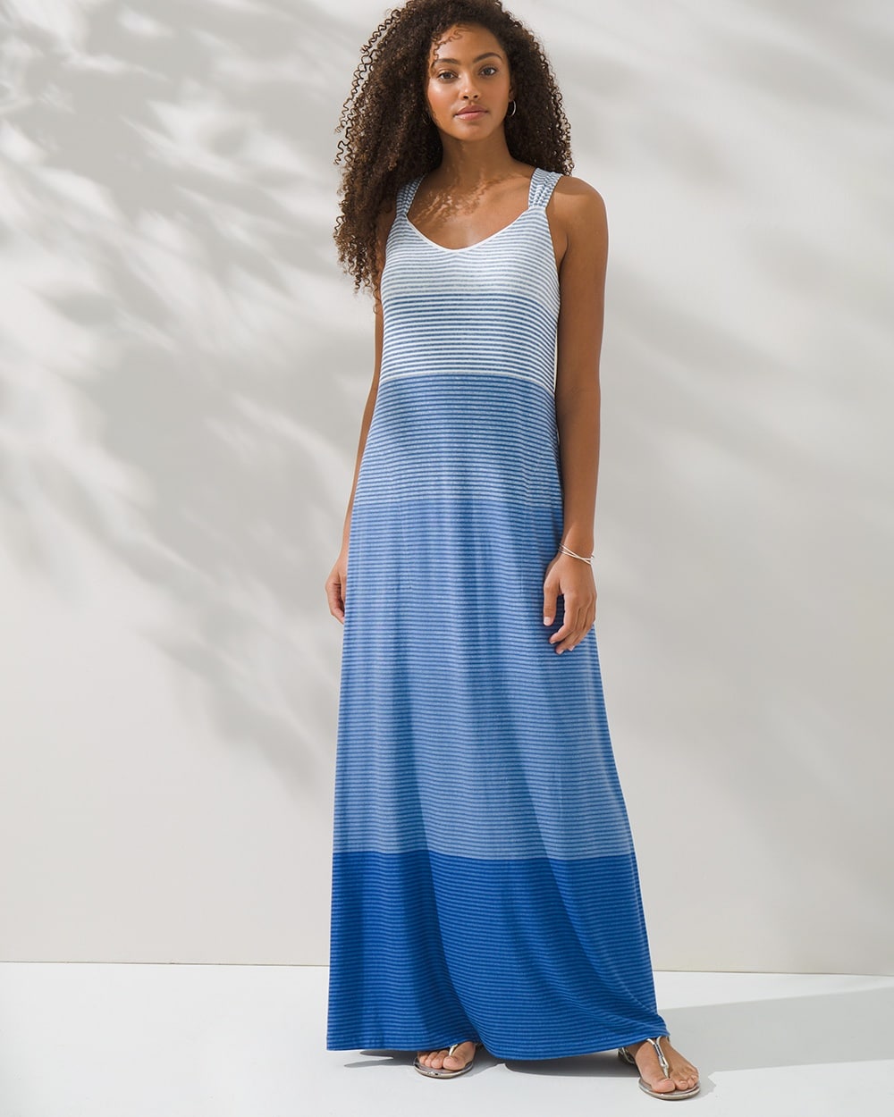 Ombre Stripe Soft Jersey V-Neck Maxi Dress with Built-In Bra