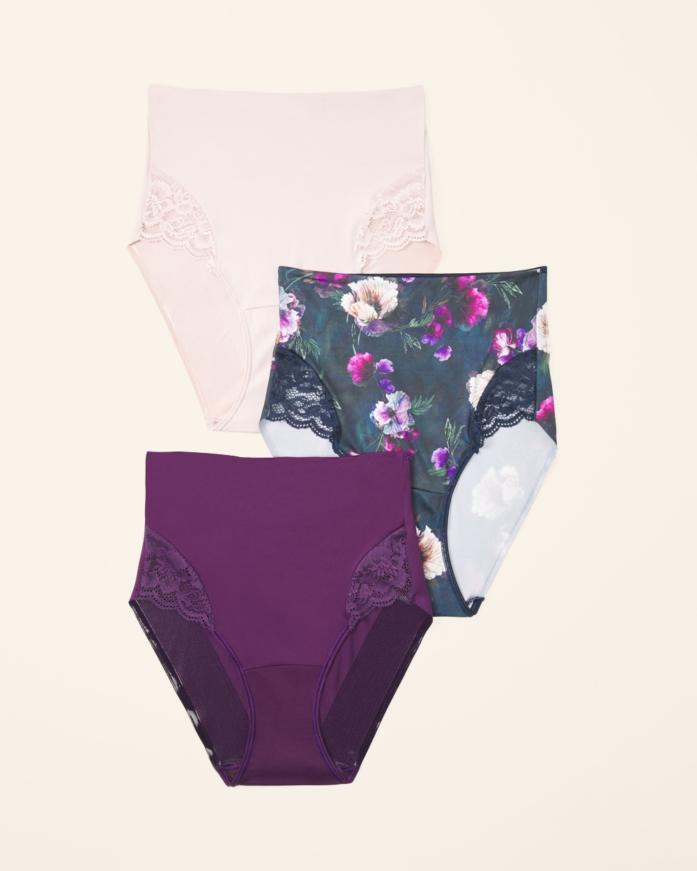 Soma 3-pack Women's Vanishing Tummy High-waist Brief Panty With Lace Size Xs | In Fleur Ever Multipack