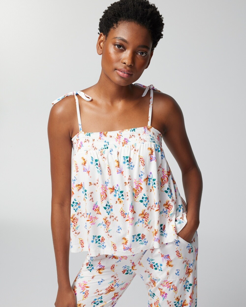 Soma Cool Nights Smocked Babydoll Top In White Floral