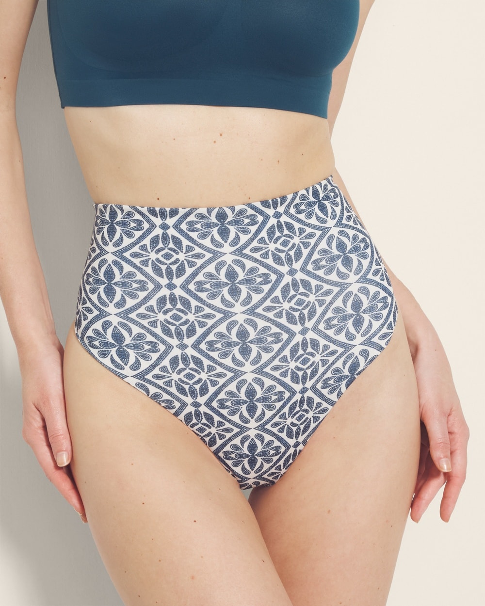 Soma Women's Vanishing Tummy Retro Thong Underwear In Tranquil Tile Mini Ws Size Medium |  In Multi