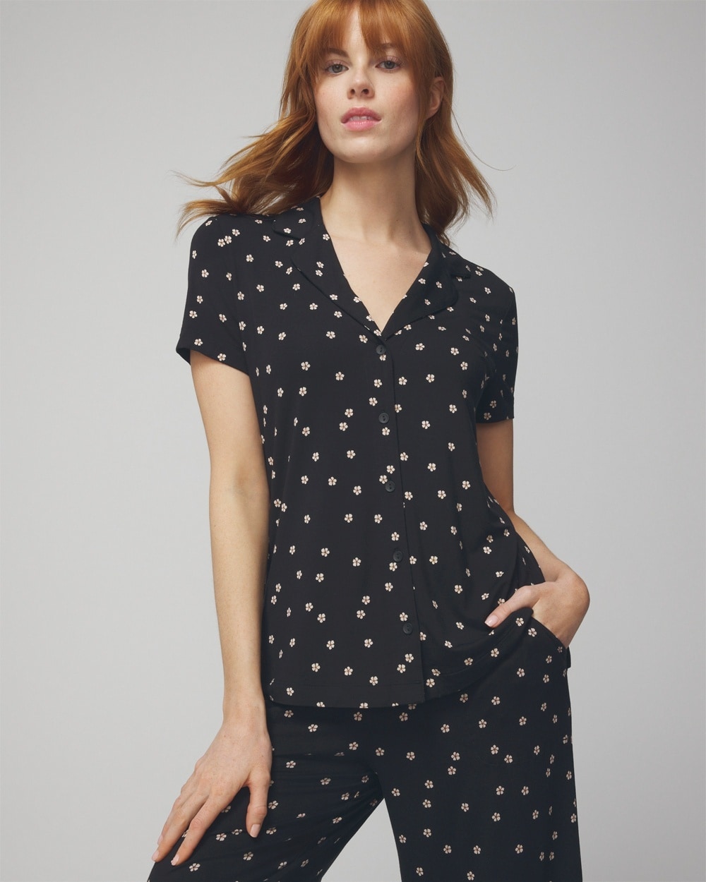 Shop Soma Women's Cool Nights Short Sleeve Notch Collar In Plumeria Dot Black Size Xs |