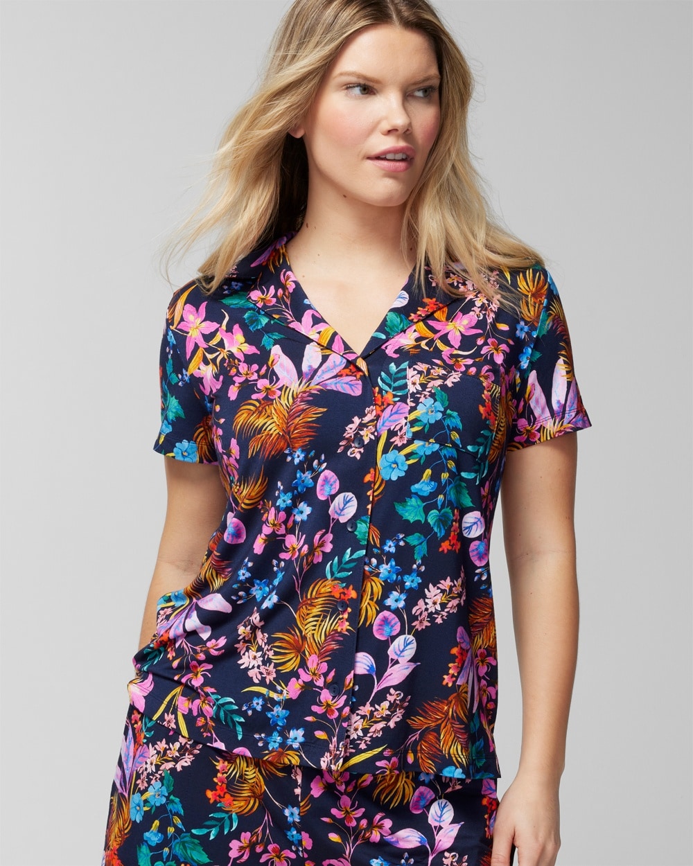 Soma Cool Nights Short Sleeve Notch Collar In Floral Navy Blue