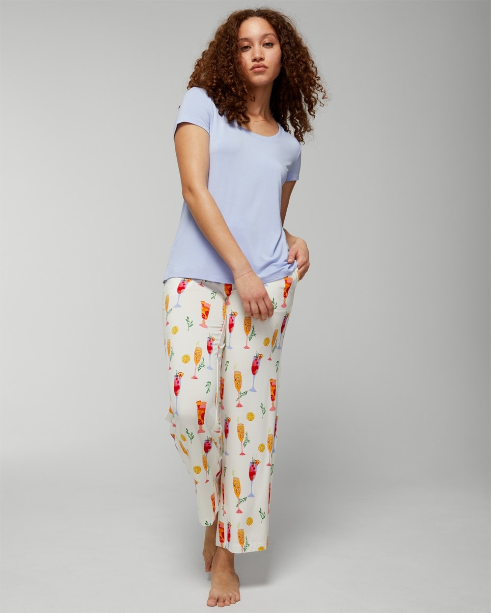 Soma Cool Nights Short Sleeve Top & Pants Set In Brunches Of Love M Ivory