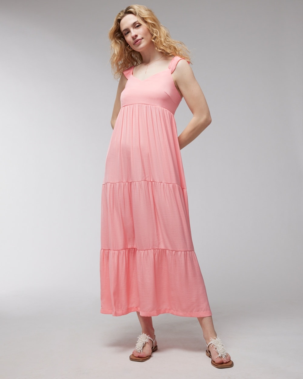 Satin Tiered Flutter Sleeve Maxi Bra Dress