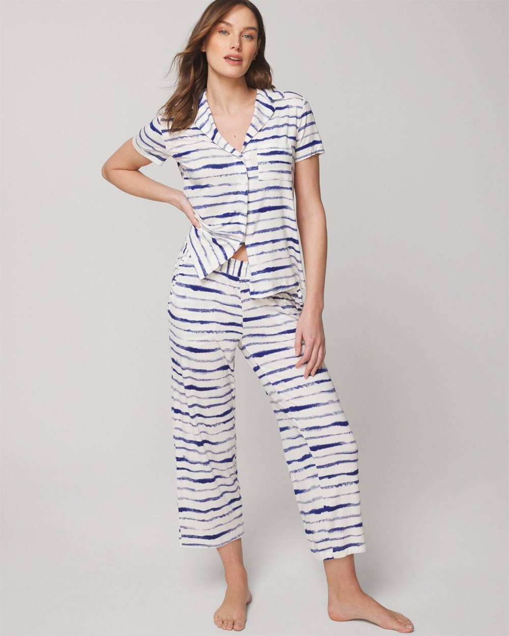 Soma Women's Cool Nights Wide-leg Ruffle Cropped Pajama Pants In Blue Size 2xl |  In Cool Tie Dye Stripe Mblue