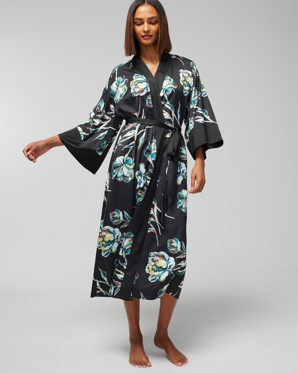 Soma Women's Satin Long Robe In Black Size Small/medium |  In Impression Floral Black