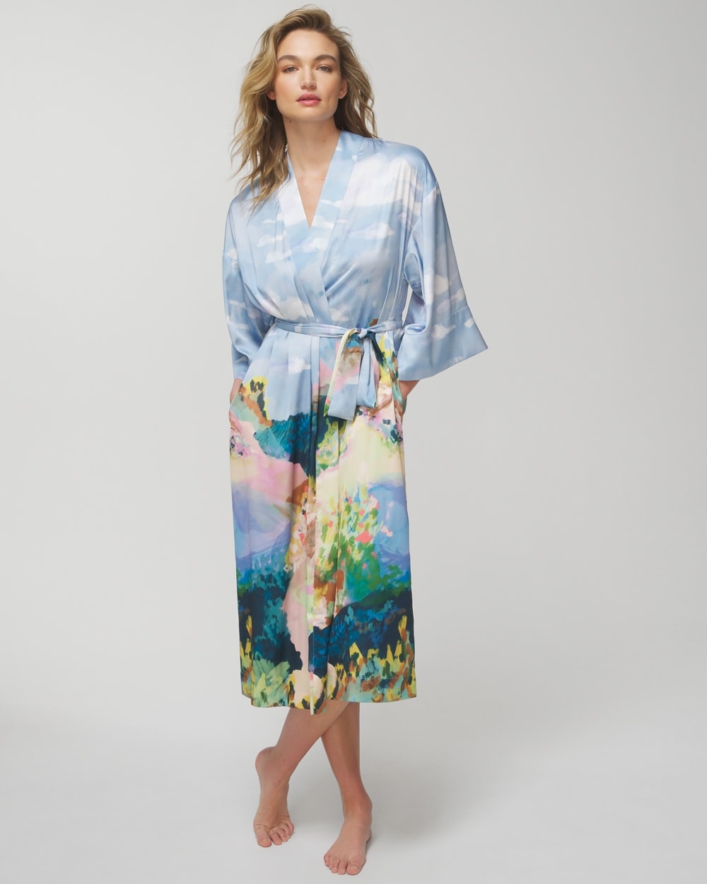 Soma Women's Satin Long Robe In Wanderlust Grand Blue Size 2xl |