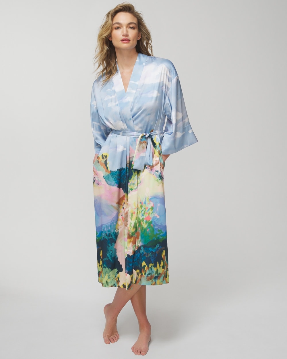 Soma Women's Satin Long Robe In Wanderlust Grand Blue Size Small/medium |