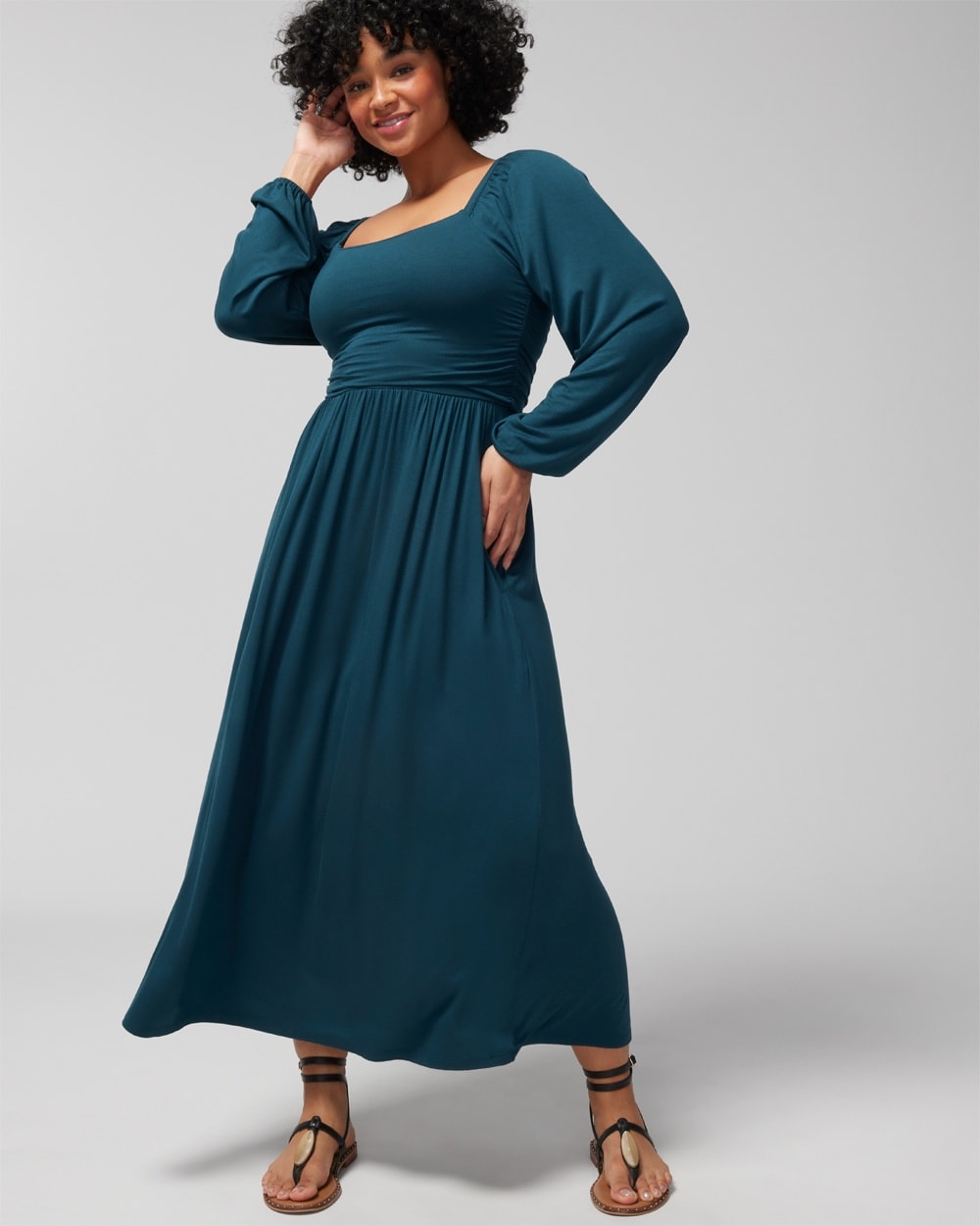 Soft Jersey Ruched Long-Sleeve Midi Dress