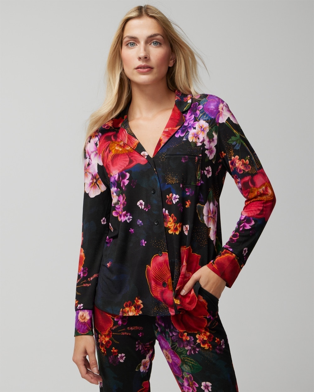 Soma Women's Cool Nights Long Sleeve Notch Collar Pajama Top In Black Size Medium |