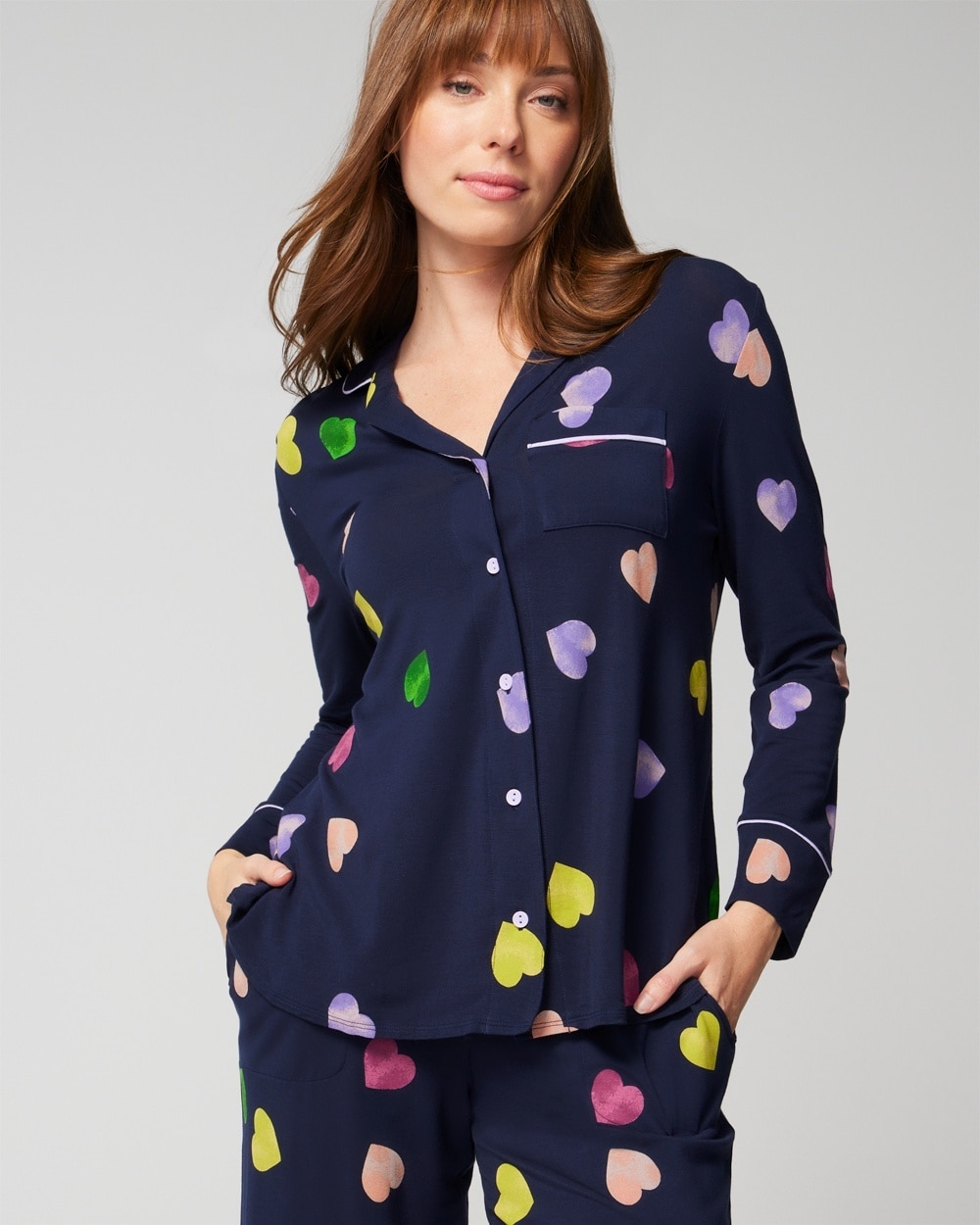 Soma Women's Cool Nights Long Sleeve Notch Collar Pajama Top In Navy With Hearts Size Medium |  In Cross My Heart G Navy