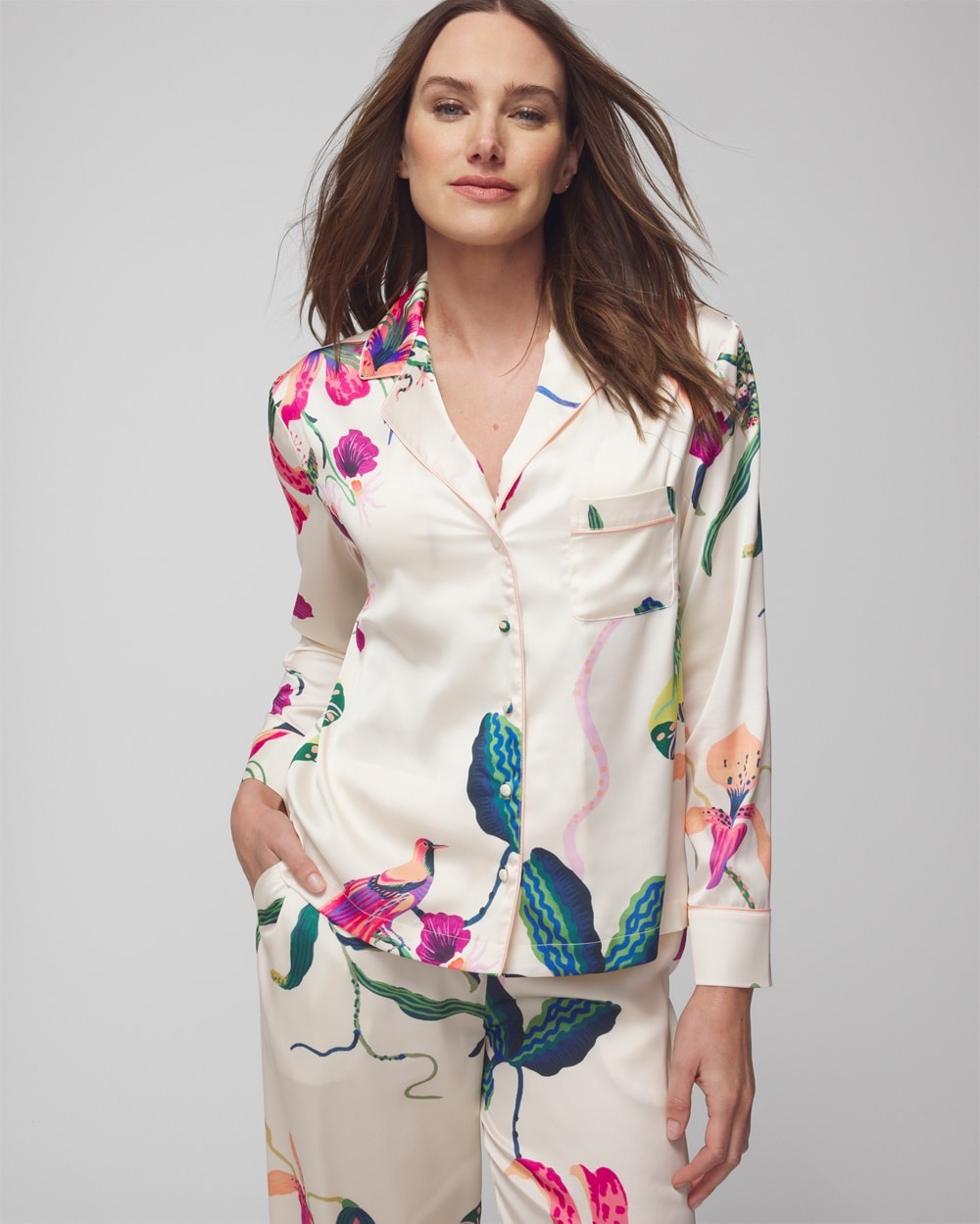Shop Soma Women's Satin Long Sleeve Notch Collar Pajama Top In Paradise Soiree White Sk Size Xs |