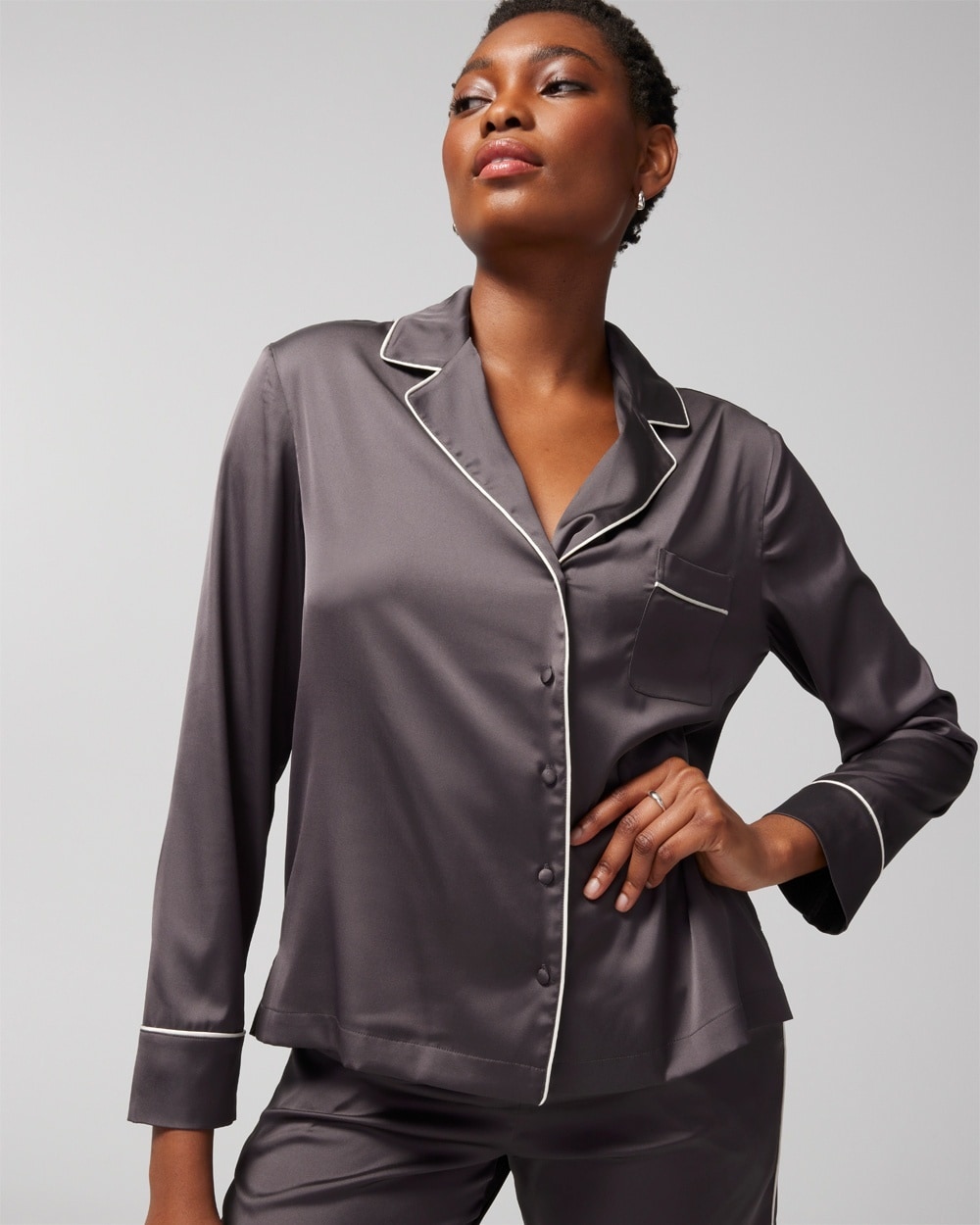Soma Women's Satin Long Sleeve Notch Collar Pajama Top In Gray Size Small |