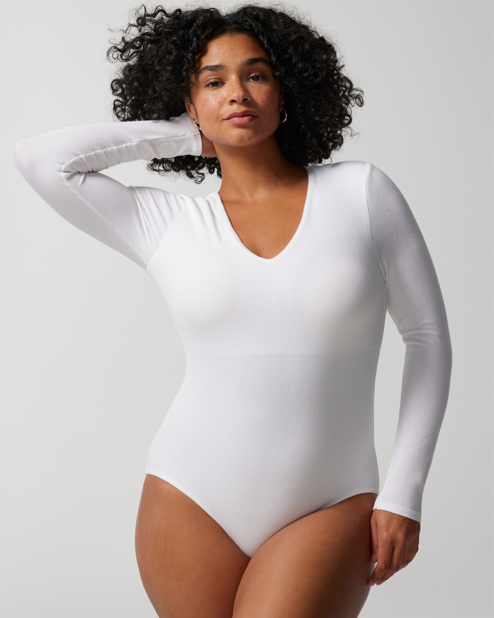 Body Ribbed Long-Sleeve V-Neck Bra Bodysuit