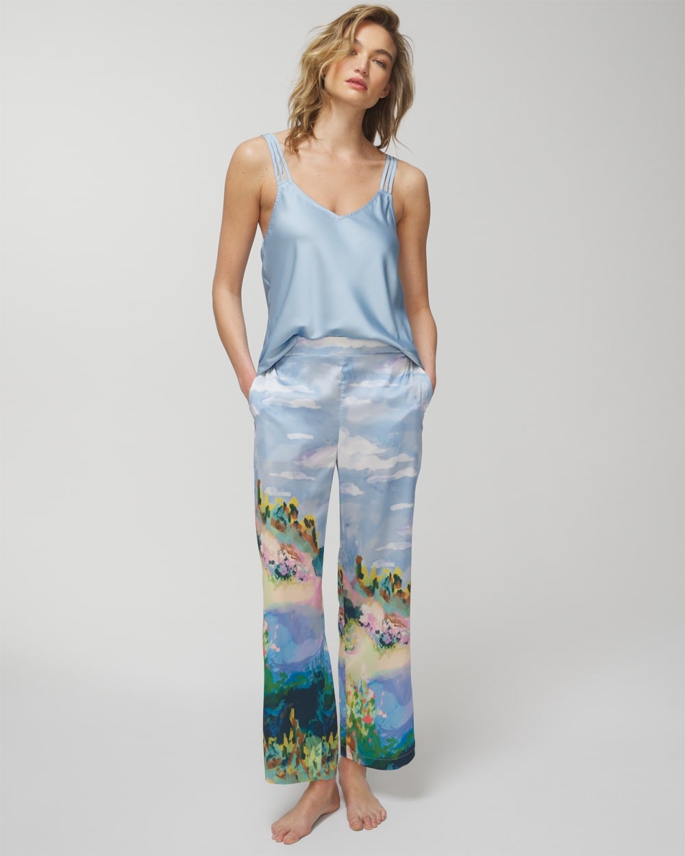 Soma Women's Satin Ankle Pajama Pants In Wanderlust Blue Size Large |