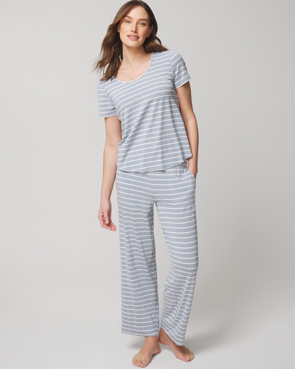 Soma Women's Cool Nights Short Sleeve Sleep Top + Pajama Pants Set In Grey Stripe Size Large |  In Fundamental M Hthr Marina