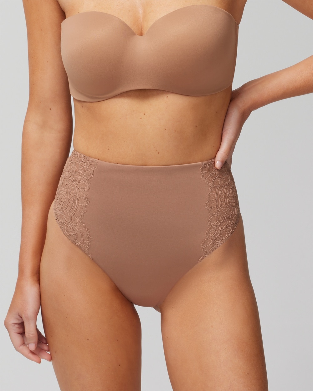 Soma Women's Vanishing Tummy High-waist Thong Panty With Lace In Warm Nude Size Xs |  In Brown