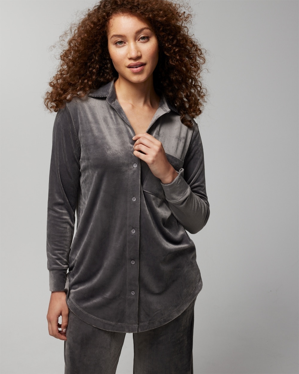 Soma Women's Velvet Ribbed Long Sleeve Button Up Top In Gray Size Medium |