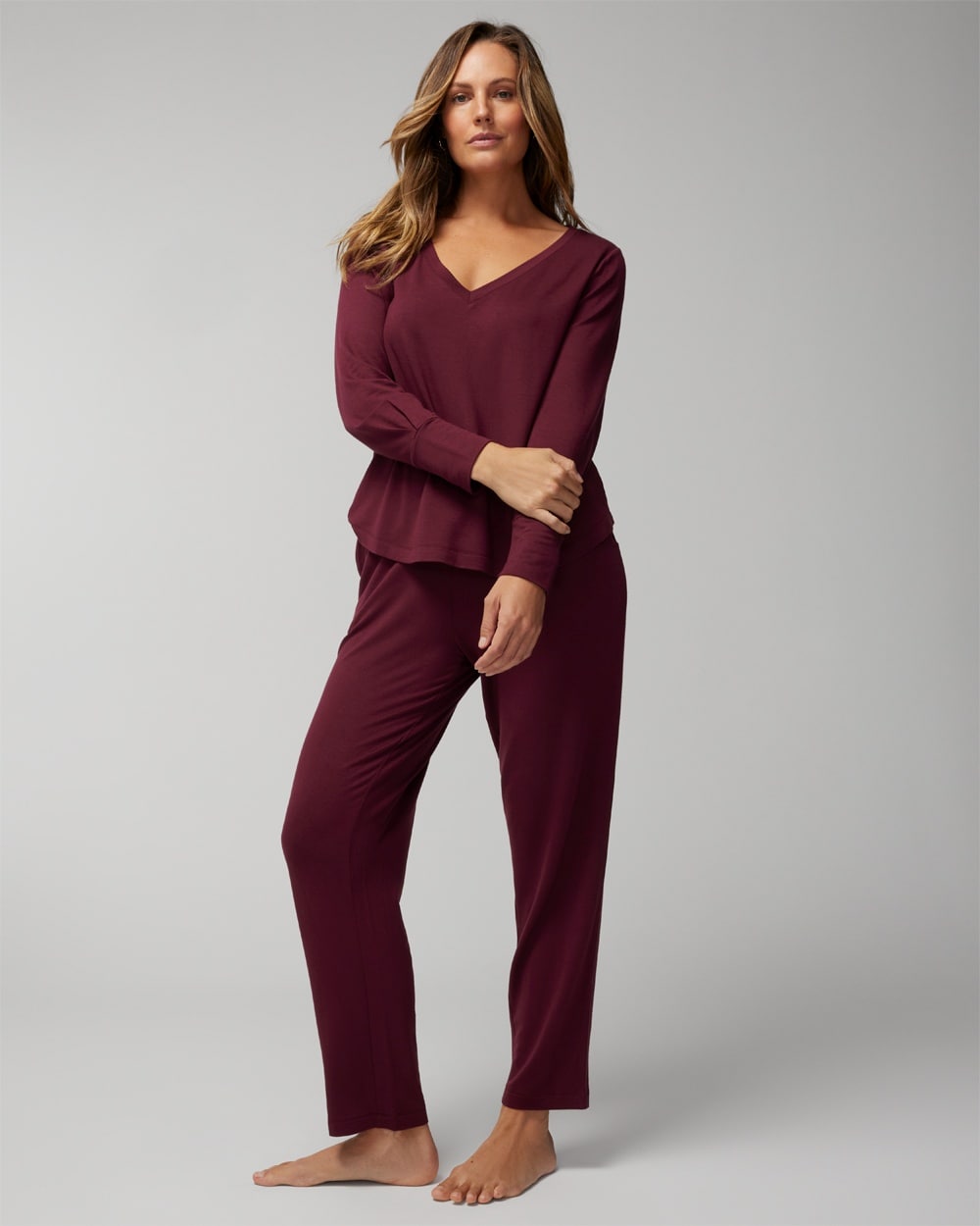 Soma Women's  Long Sleeve V-neck Loungewear Set In Red Size Xl |