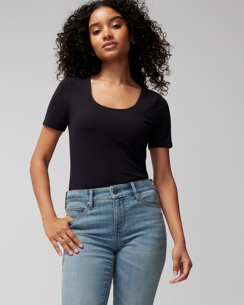 Body Ribbed Short Sleeve Scoop-Neck Bra Top