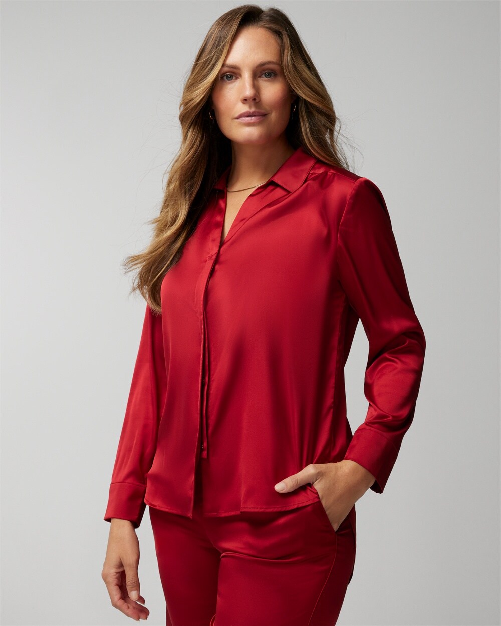 Soma Women's Satin Long Sleeve Collar Top In Red Size Large |