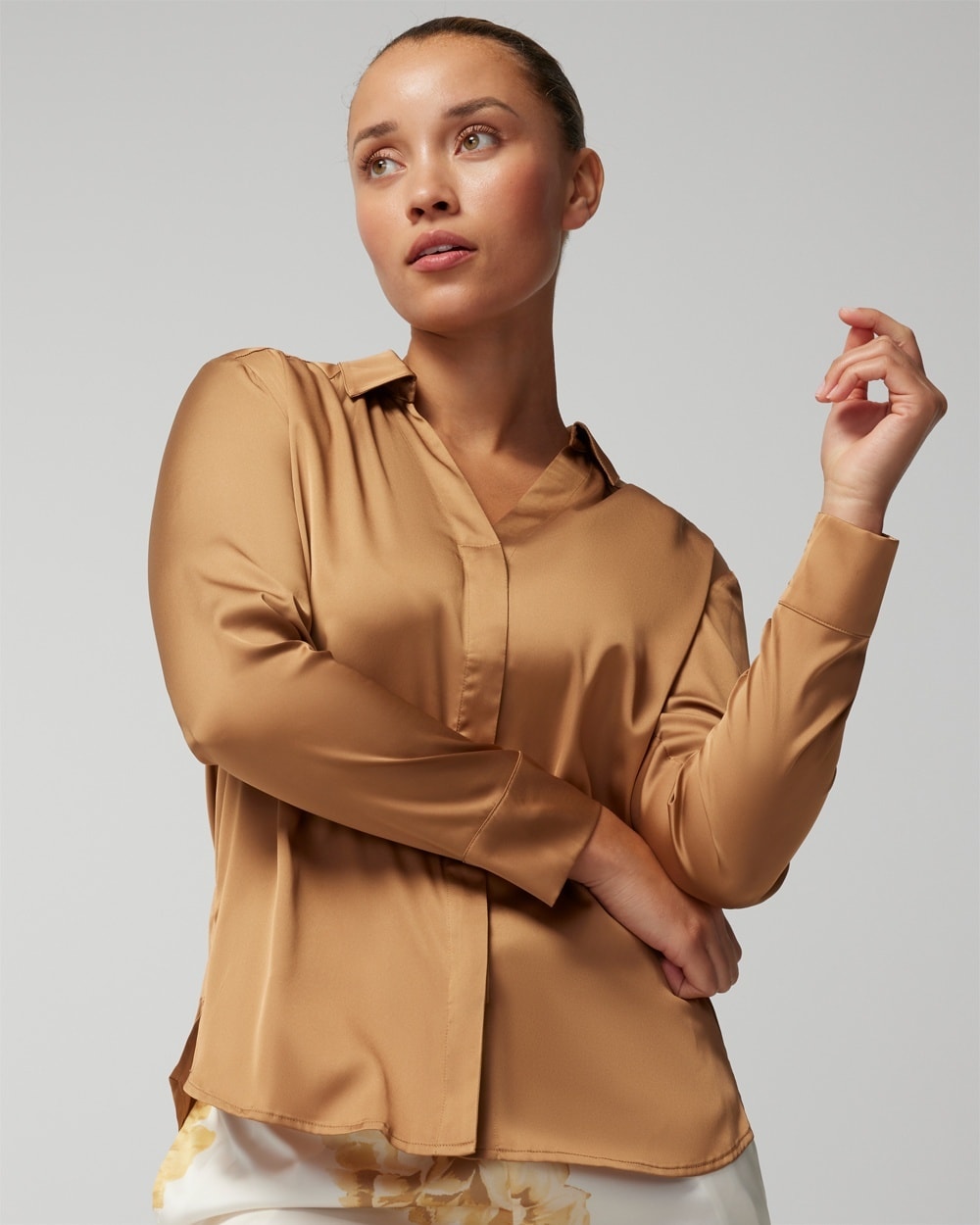 Soma Women's Satin Long Sleeve Collar Top In Gold Size Large |