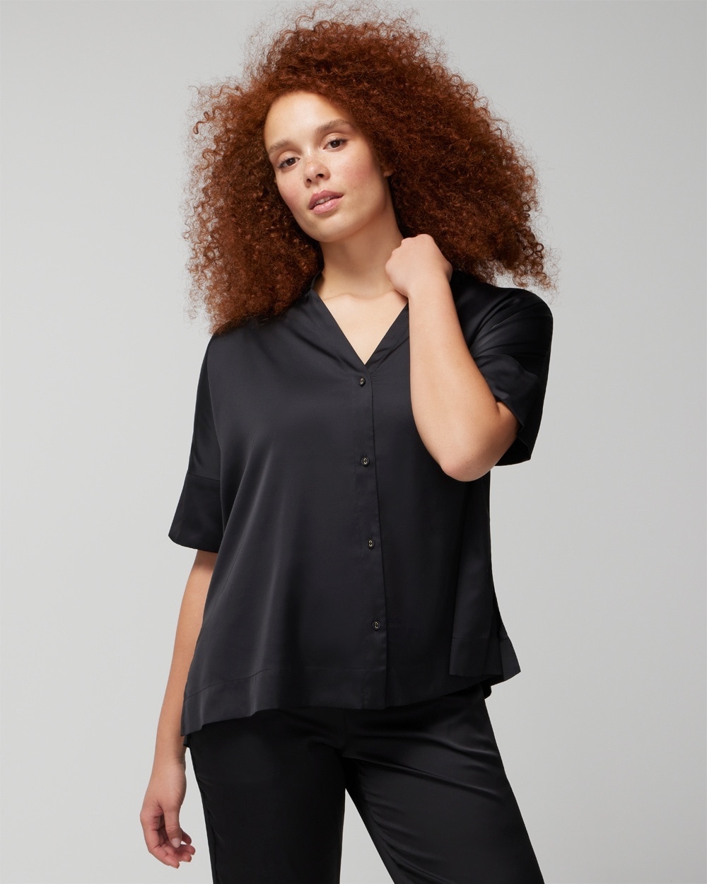 Soma Women's Satin Drop Shoulder Button-up Top In Black Size Small |