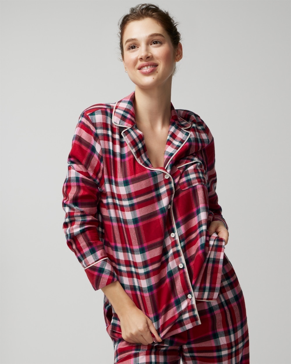Soma Women's Flannel Long Sleeve Notch Collar Pajama Top In Red Size Small |