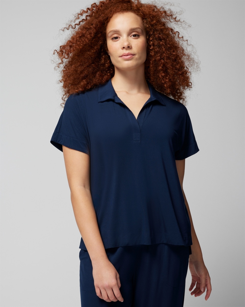 Soma Women's Cool Nights Split-neck Short Sleeve T-shirt In Navy Blue Size Small |  In Nightfall Navy Blue