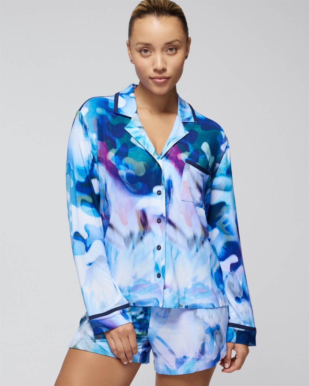 Soma Women's Cool Nights Long Sleeve Notch Collar Sleep Top In Light Blue Floral Size Medium |  In Floral Daydream Blue