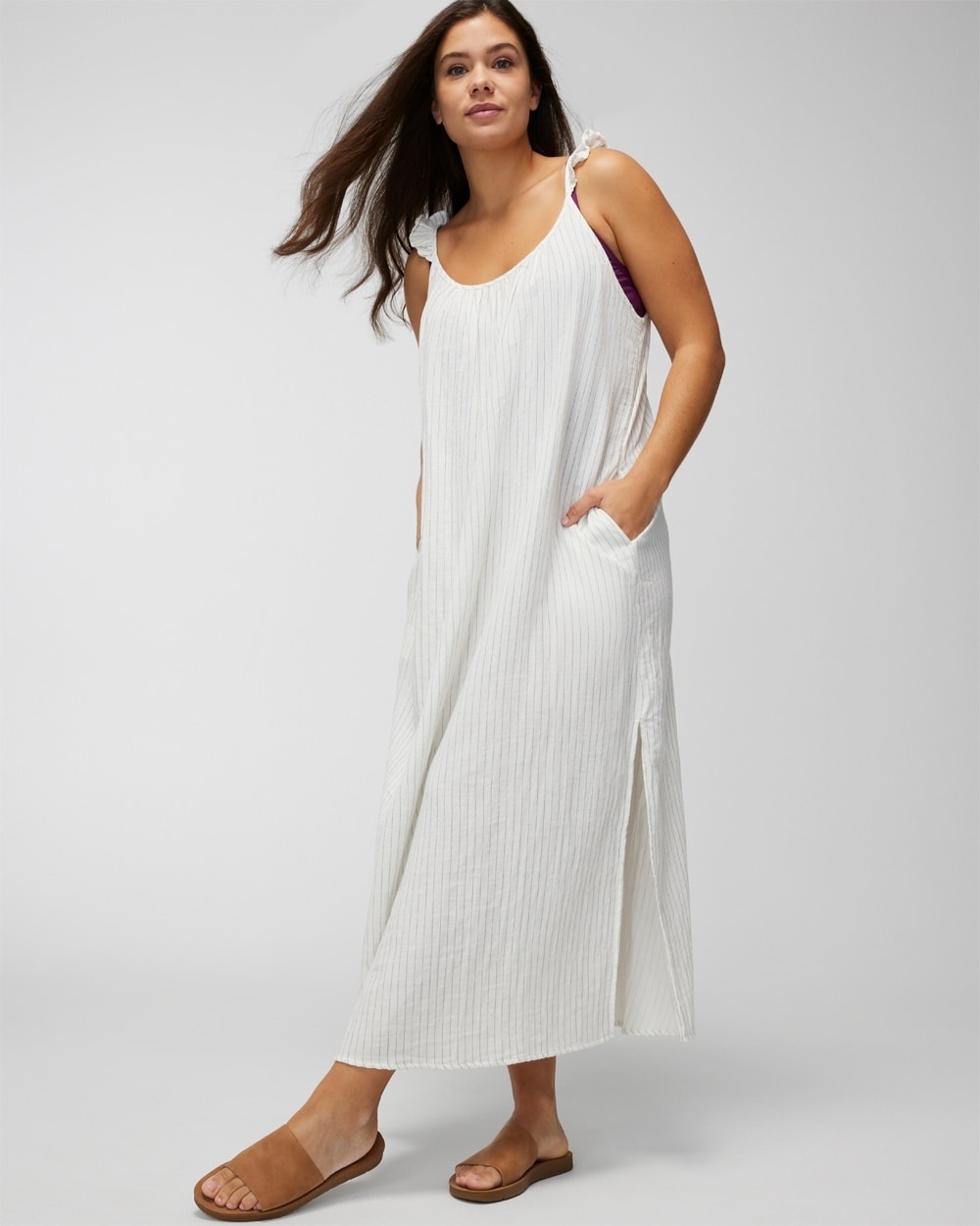 Soma Women's  Swim Flutter-sleeve Cover-up Dress In Pinstripe Size Medium