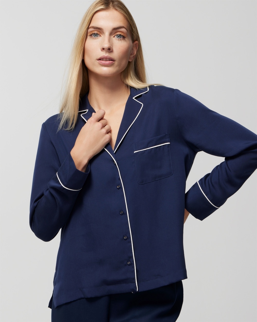 Woven Long-Sleeve Notch Collar Top