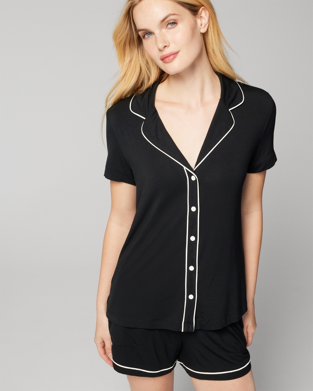 Soma Women's Cool Nights Short Sleeve Notch Collar Pajama Top In Solid Black Size 2xl |  Mother's Day