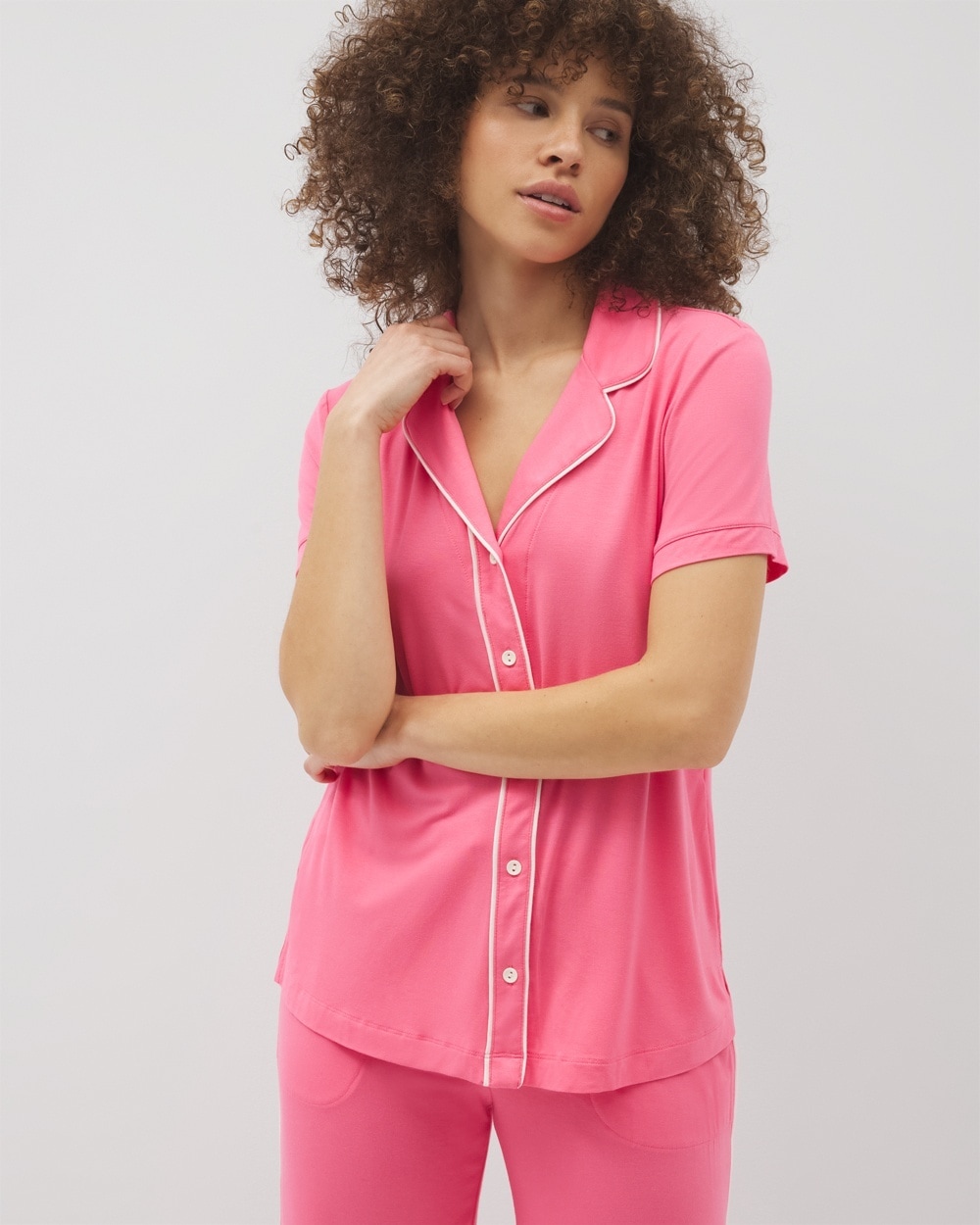 Cool Nights Solid Short Sleeve Notch Collar Pajama Top
