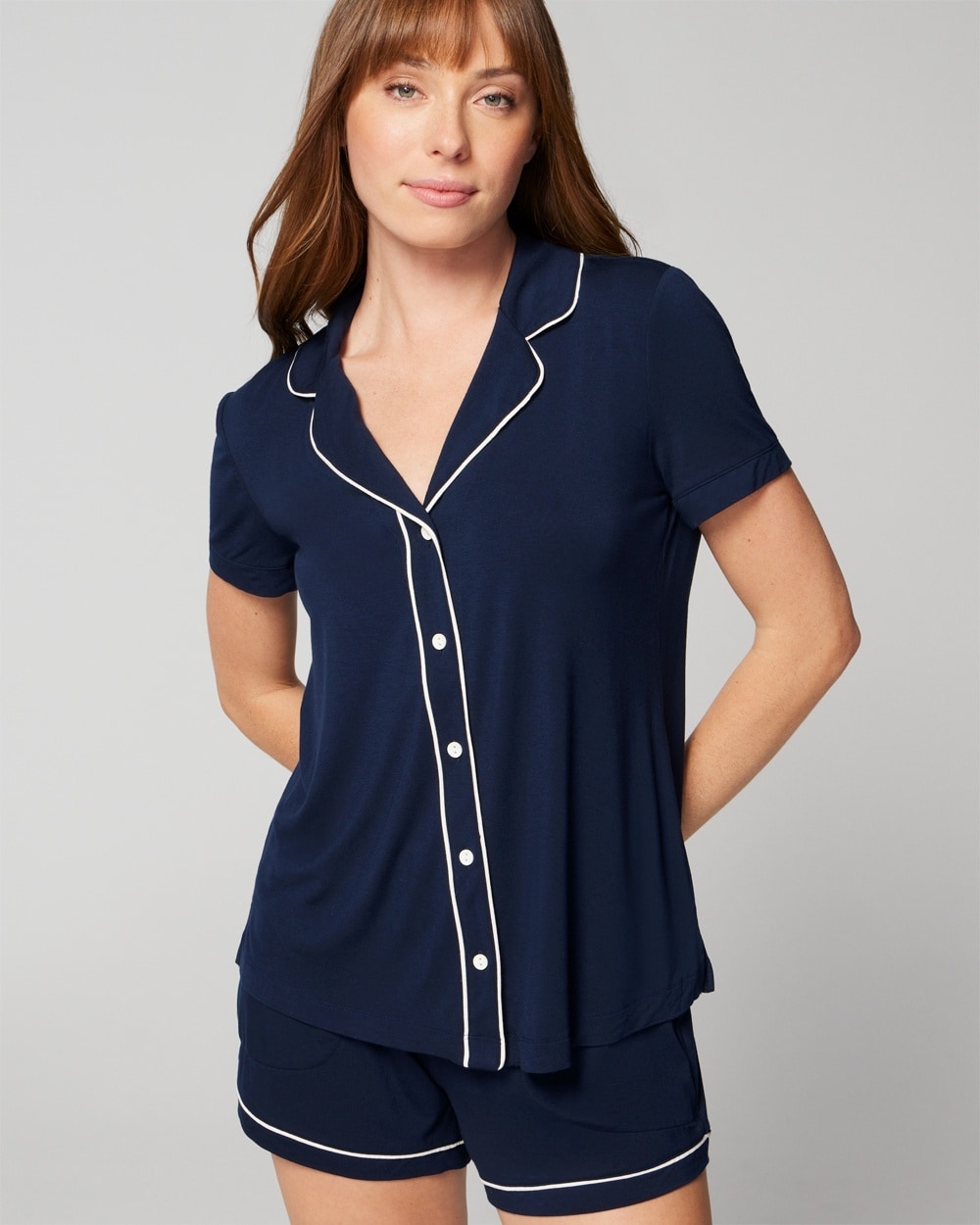 Soma Women's Cool Nights Solid Short Sleeve Notch Collar In Navy Blue Size Large |  In Nightfall Navy Blue