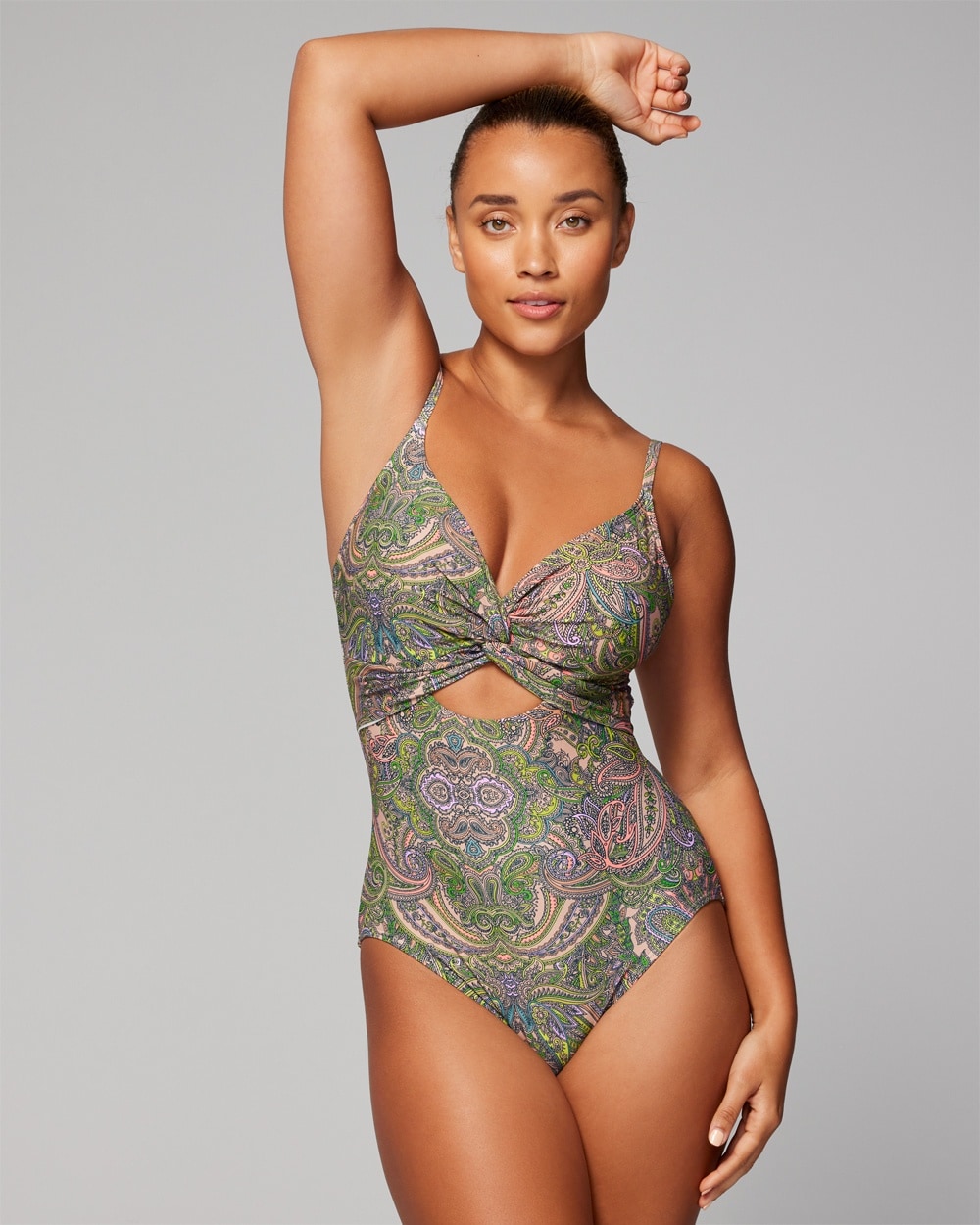 Soma Women's  Swim Twist-front Keyhole One-piece Swimsuit In Green Paisley Size 16 In Ornamental Paisley G Lime