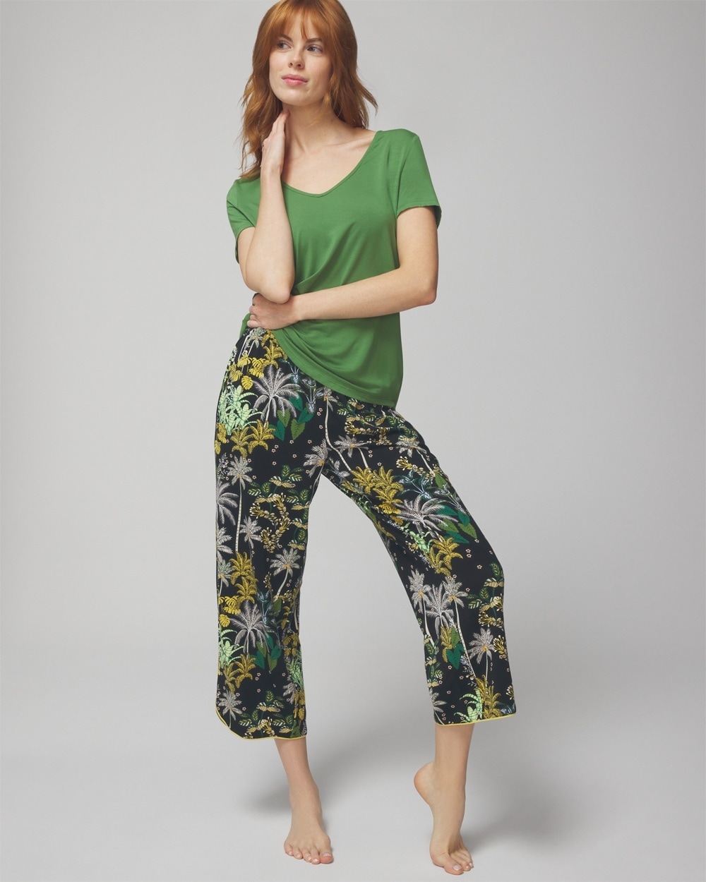 Soma Women's Cool Nights Cropped Pajama Pants In Oasis Palms Black/ws Size Medium |  In Green