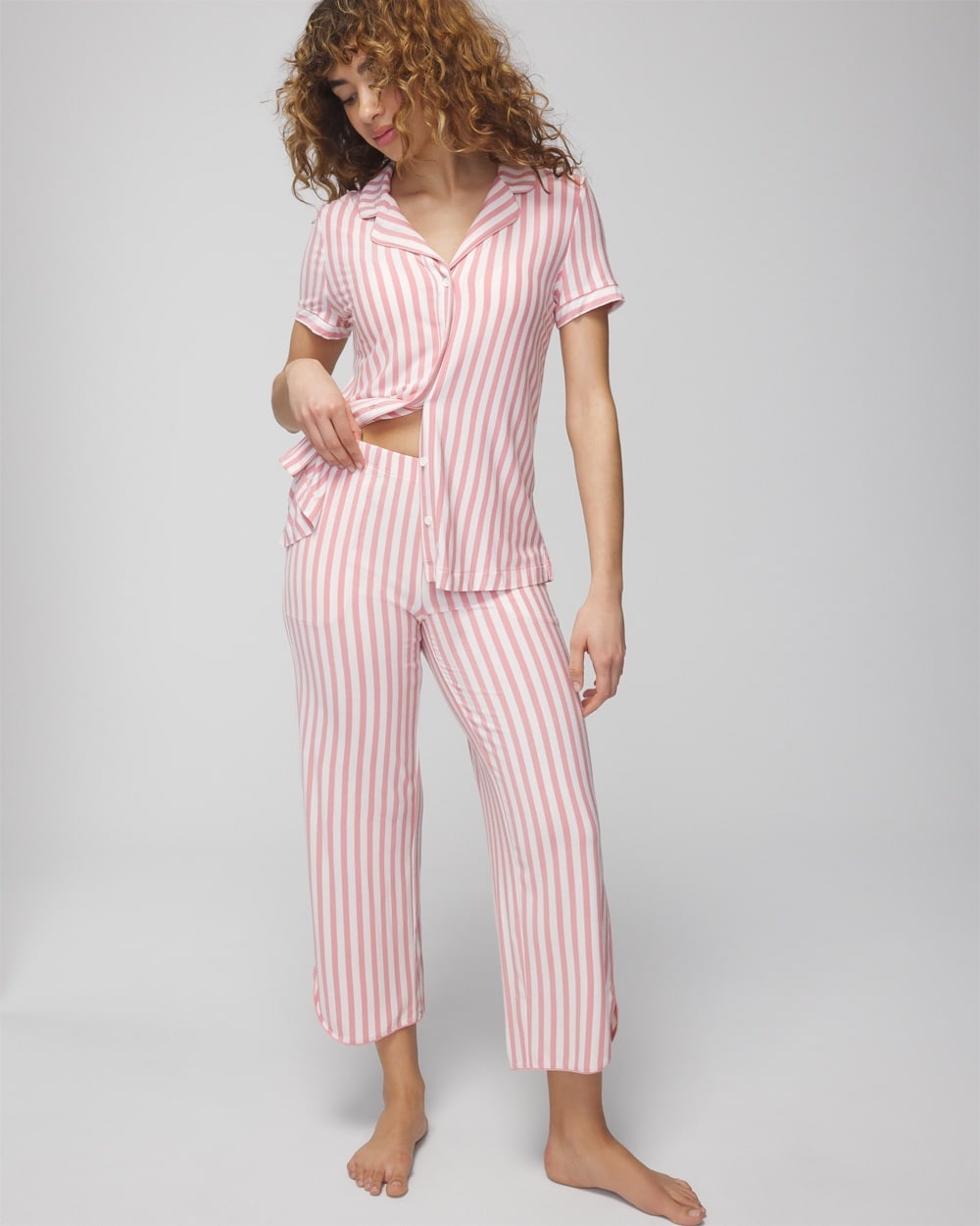 Soma Women's Cool Nights Cropped Pajama Pants In Capri Stripe Blush Pink Size Xs |