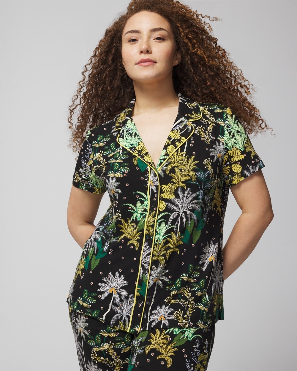 Shop Soma Women's Cool Nights Printed Short Sleeve Notch Collar In Oasis Palms Black/ws Size Xs |