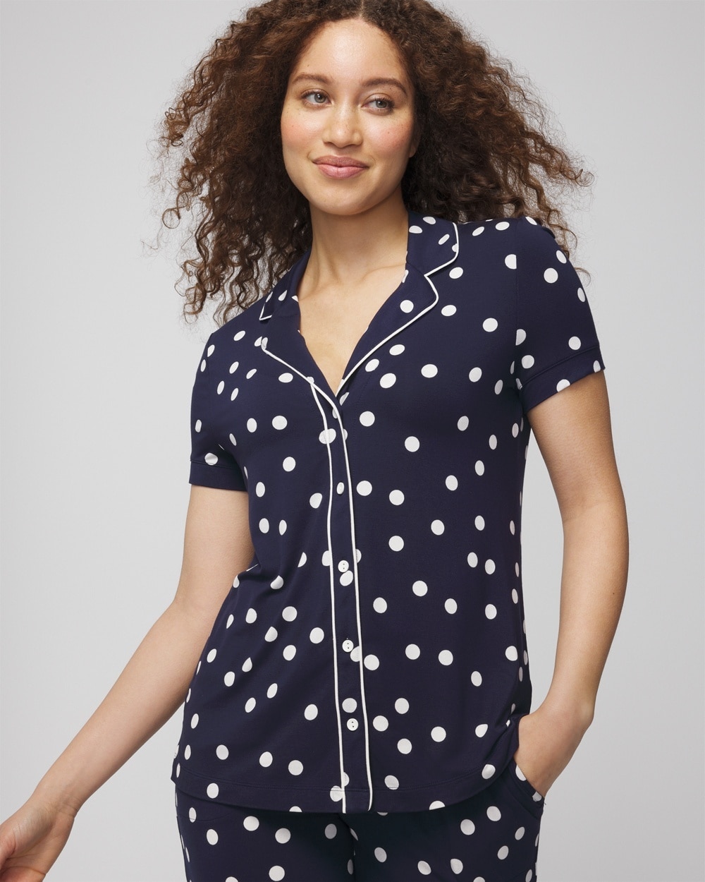 Soma Women's Cool Nights Printed Short Sleeve Notch Collar In Merry Dot G Navy/ivory Size Xs |