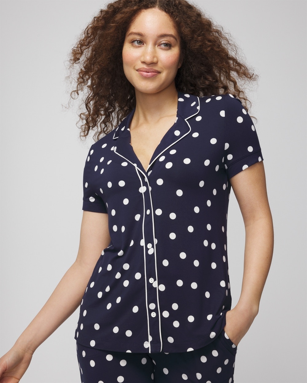 Soma Women's Cool Nights Piped Short Sleeve Notch Collar Pajama Top In Blue Size Medium |  Pajama Set In Merry Dot G Navy/ivory