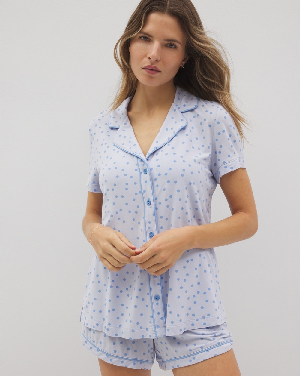 Soma Women's Cool Nights Piped Short Sleeve Notch Collar Pajama Top In Blue Size 2xl | Mother's Day In Merry Dot Ocean Air