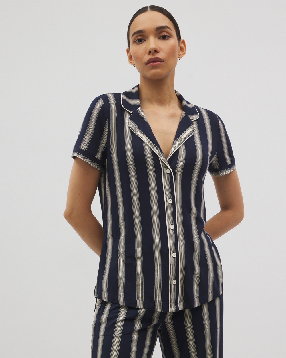 Cool Nights Piped Short Sleeve Notch Collar Pajama Top