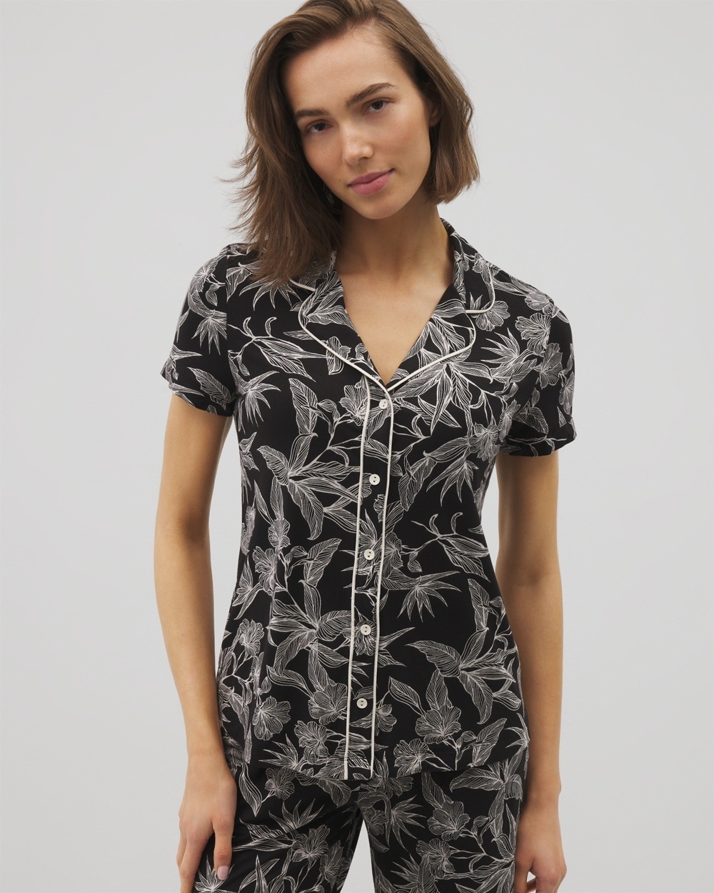 Soma Women's Cool Nights Piped Short Sleeve Notch Collar Pajama Top In Black Size Xs | Mother's Day