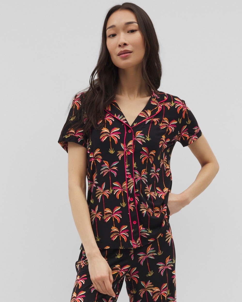 SOMA WOMEN'S COOL NIGHTS PIPED SHORT SLEEVE NOTCH COLLAR PAJAMA TOP IN BLACK SIZE MEDIUM | SOMA MOTHER'S