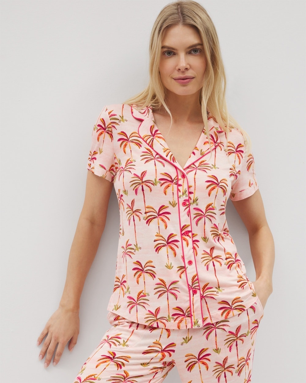 SOMA WOMEN'S COOL NIGHTS PIPED SHORT SLEEVE NOTCH COLLAR PAJAMA TOP IN ORANGE SIZE XS | SOMA MOTHER'S DAY