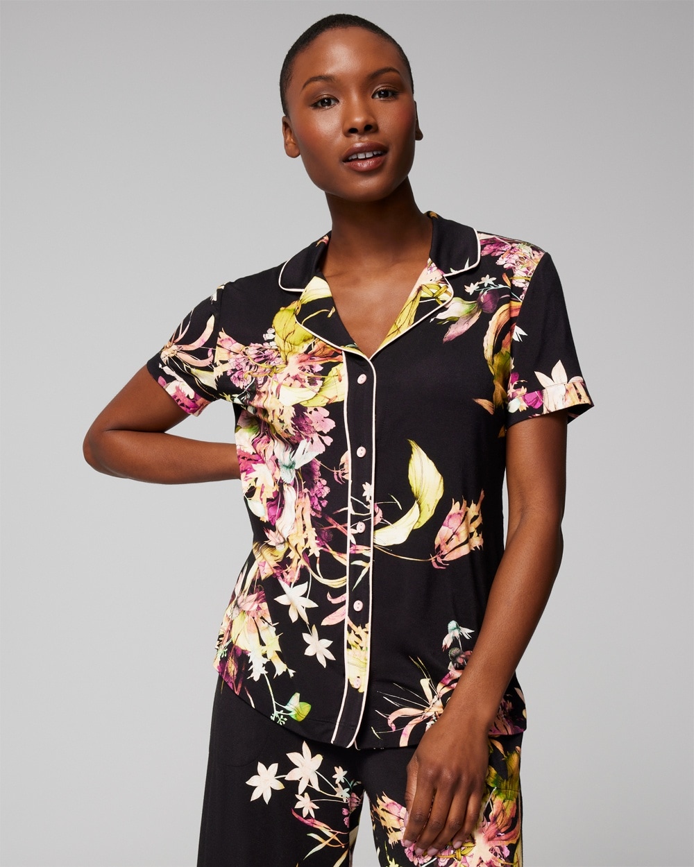 Cool Nights Piped Short Sleeve Notch Collar Pajama Top