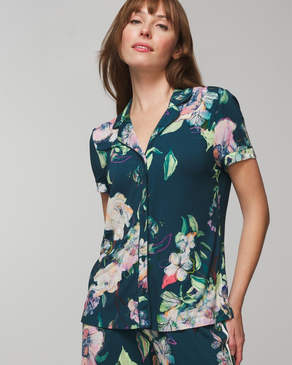 Soma Women's Cool Nights Printed Short Sleeve Notch Collar In Green Floral Size Xs |  In Sketchbook Flora Dh M Pla
