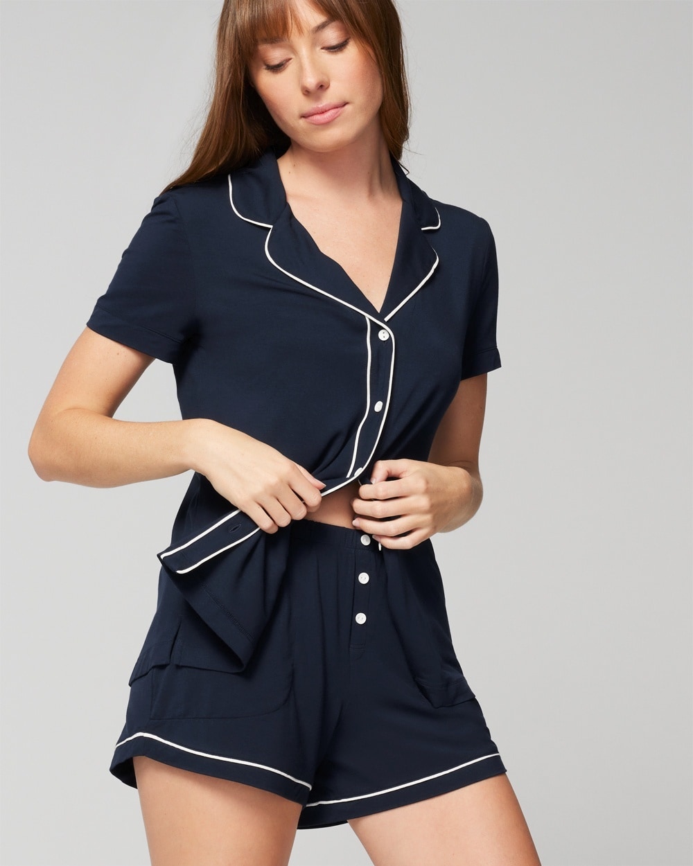 Soma Women's Cool Nights Piped Pajama Shorts In Solid Navy Blue Size Medium |  Mother's Day Pajamas In Nightfall Navy Blue