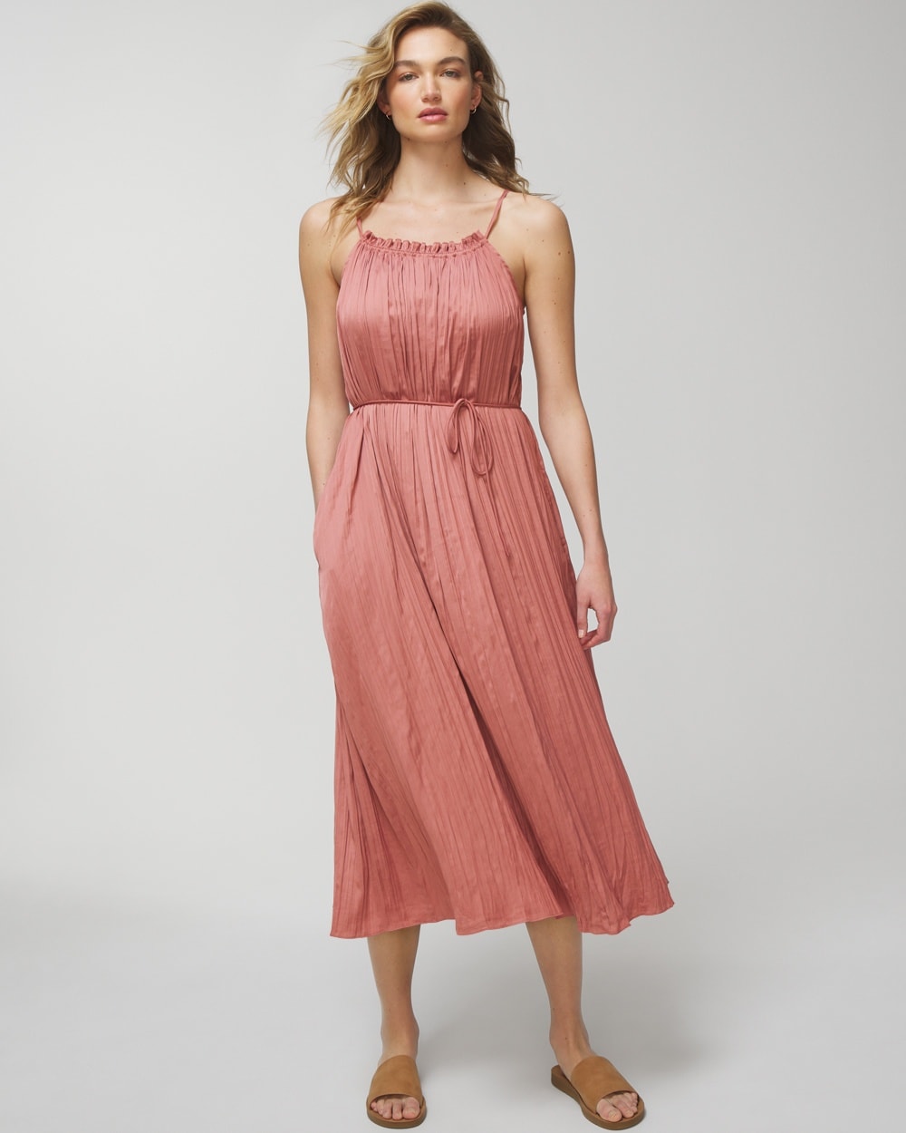 Crinkle Satin Pleated Tie Midi Bra Dress